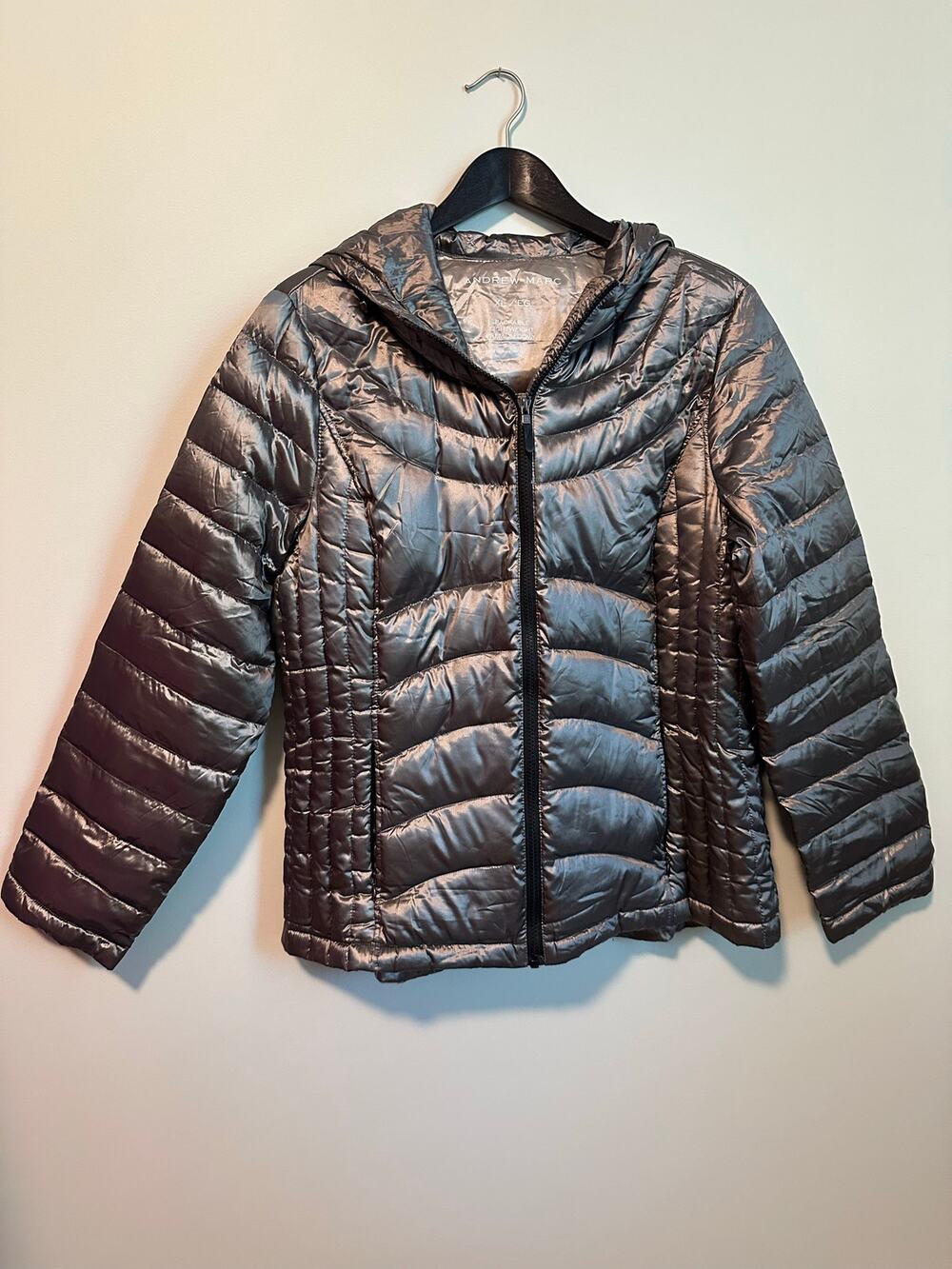 Andrew Marc Womens XL Metallic Gray Packable Lightweight Puffer Down Hood Jacket